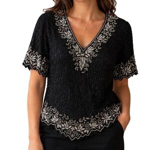 Vintage Laurence Kazar L Black Beaded V Neck Short Sleeve‎ Top Evening Formal